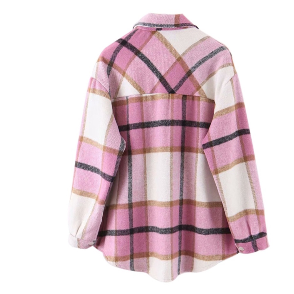 Shacket~ Flannel Button Plaid Jacket Coat Pink L - image 2